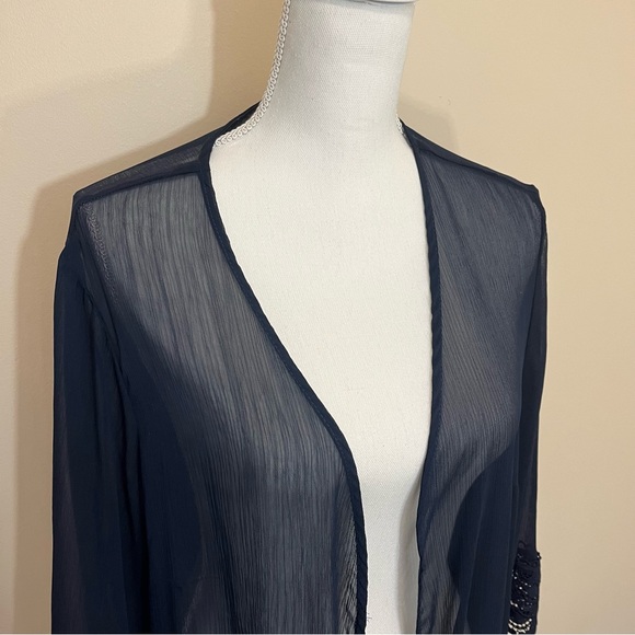 CJ Banks Navy Blue Sheer Open Cardigan Lace Crochet Trim - Picture 2 of 12